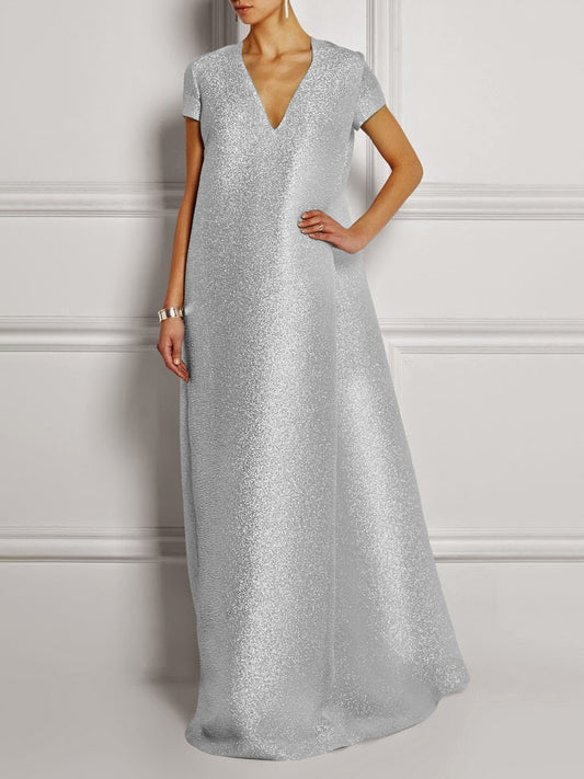 Loose Short Sleeves Shiny Color V-neck Maxi Dresses