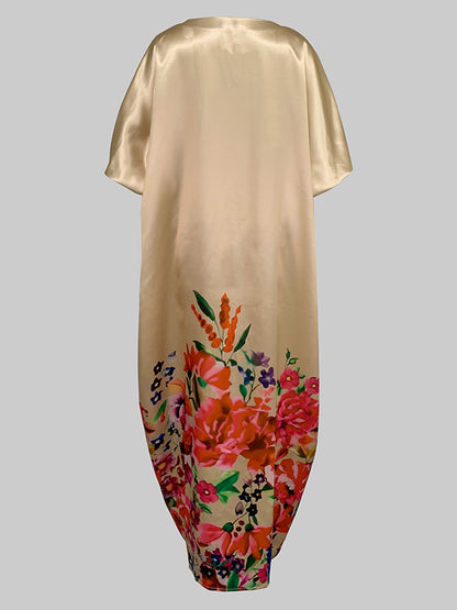 A-line Half Sleeves Elasticity Flower Print Split-front V-neck Maxi Dresses