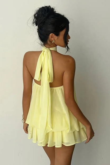 Backless Halter Tie Waist Slim Fit Ruffled Mini Dress