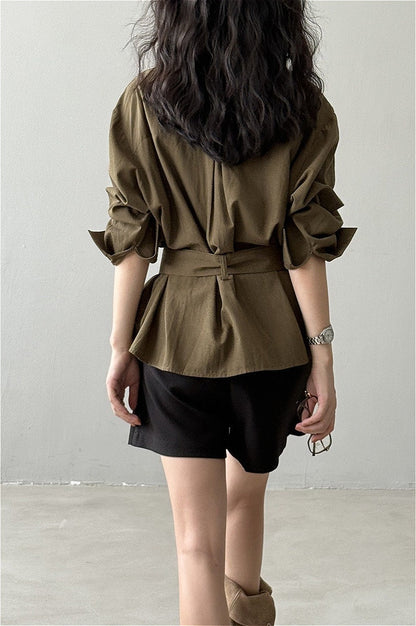 Waist Cinched Belted Long Sleeve Blouse