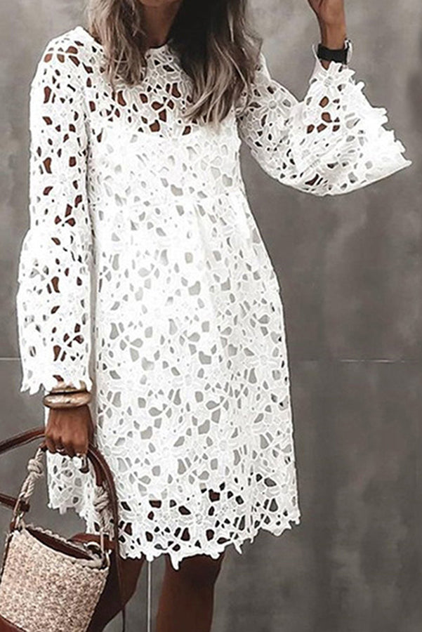 Presence Crochet Lace Bell Sleeve Mini Dress