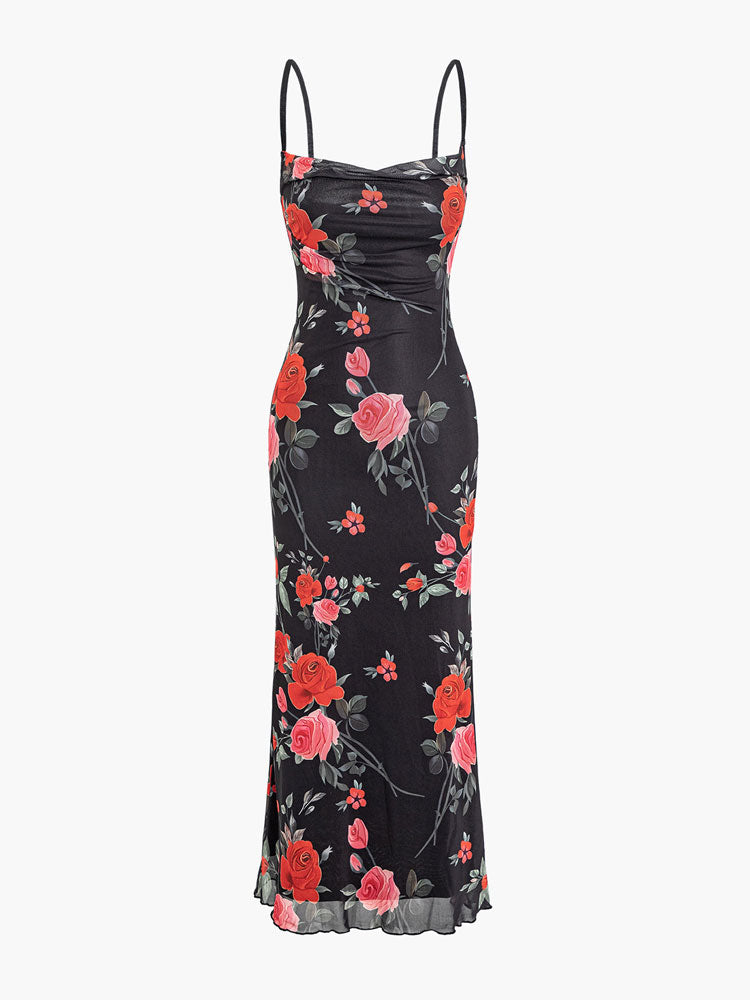 Print Mesh Spaghetti Strap Maxi Dress
