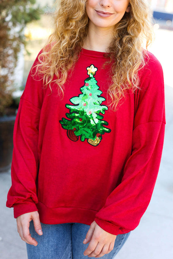 Christmas Tree Holiday Sequined Loose Sweatshirt