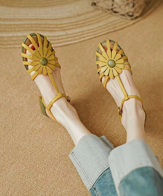 Hollow Out Soft Splicing Flat Sandals Yellow Faux Leather