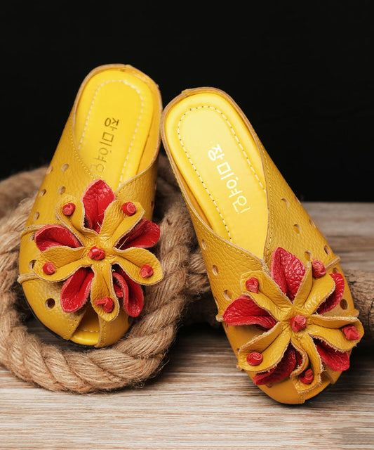 Cowhide Leather Yellow Flat Slide Sandals Splicing Hollow Out