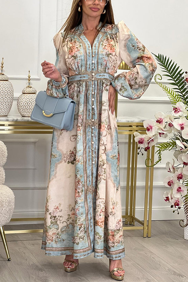 Fresh Pickings Print Balloon Sleeve Button Up Maxi Dress