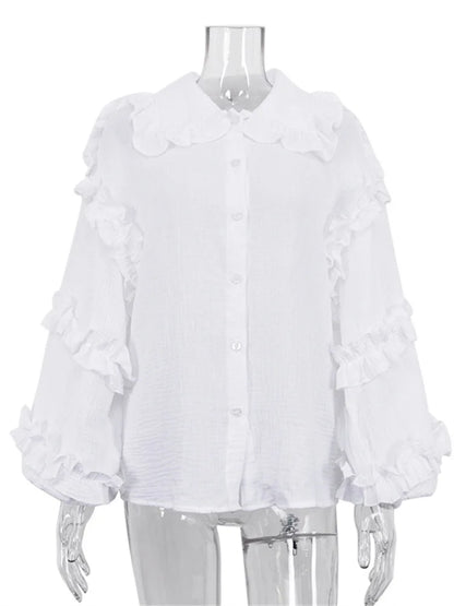White Ruffled Shirts for Patchwork Cardigan Lapel Long Sleeve Outwear Slim Shirts New