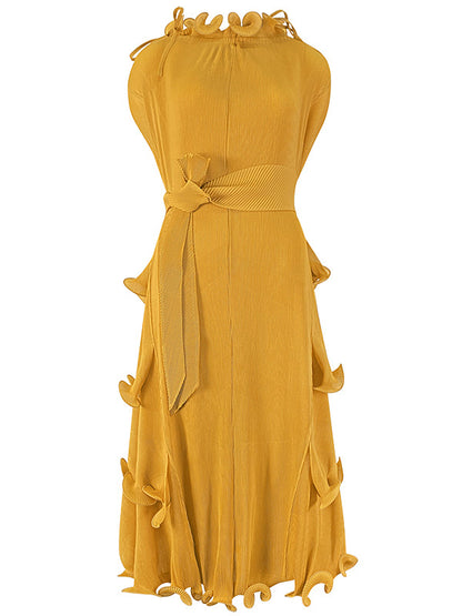 Loose Bandage Lacy Color High-neck Midi Dresses