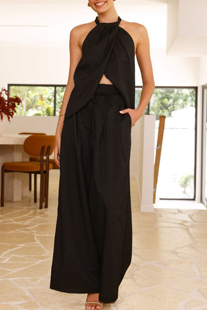 Gette Linen Blend Slit Front Top and High Rise Knoted Pocket Wide Leg Pants Set