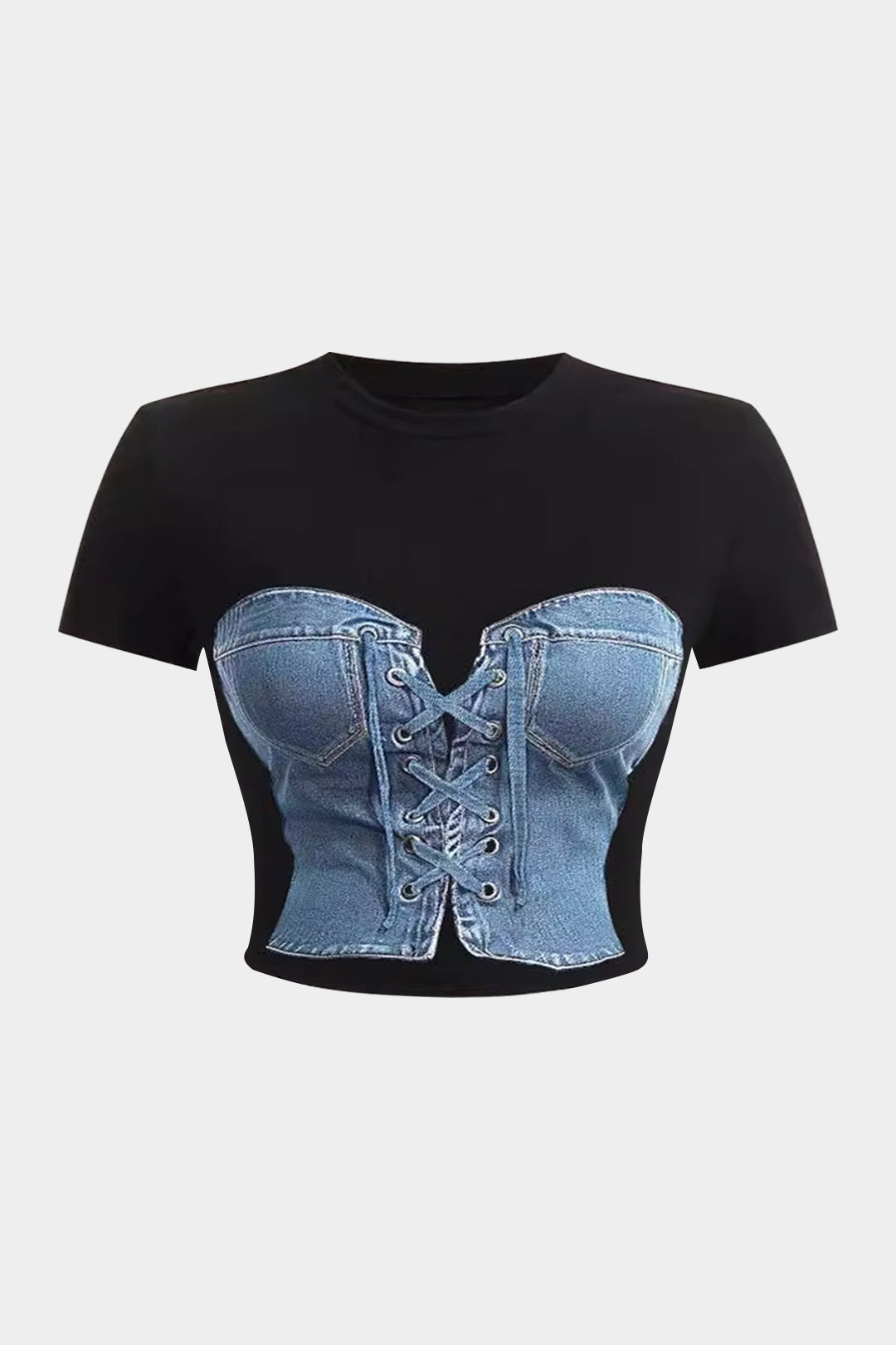 Black Printed Denim Short Sleeve T-shirt