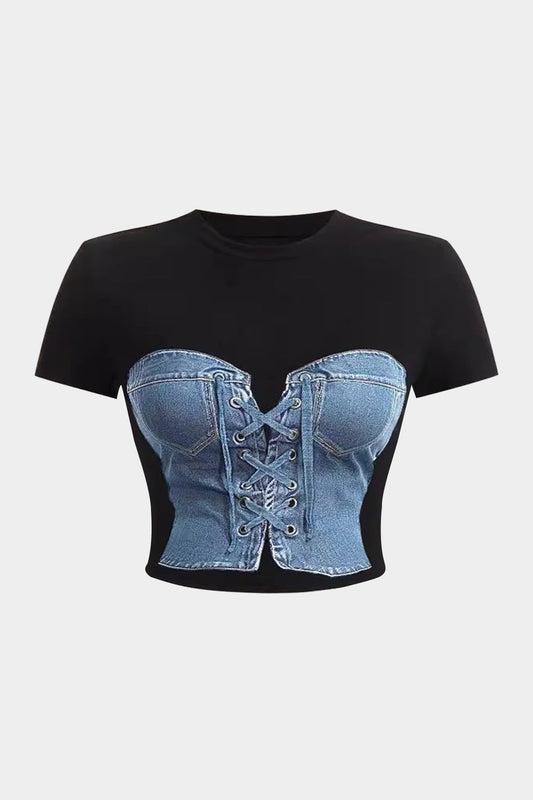 Black Printed Denim Short Sleeve T-shirt