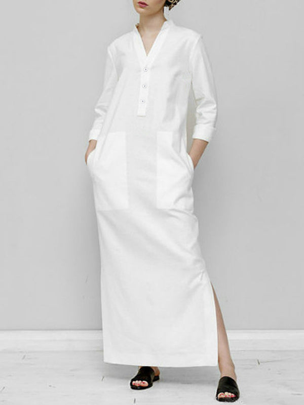 Long Sleeves Loose Color Split-joint V-neck Maxi Dresses