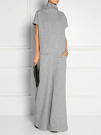 Loose Short Sleeves Color Split-joint High Neck Maxi Dresses