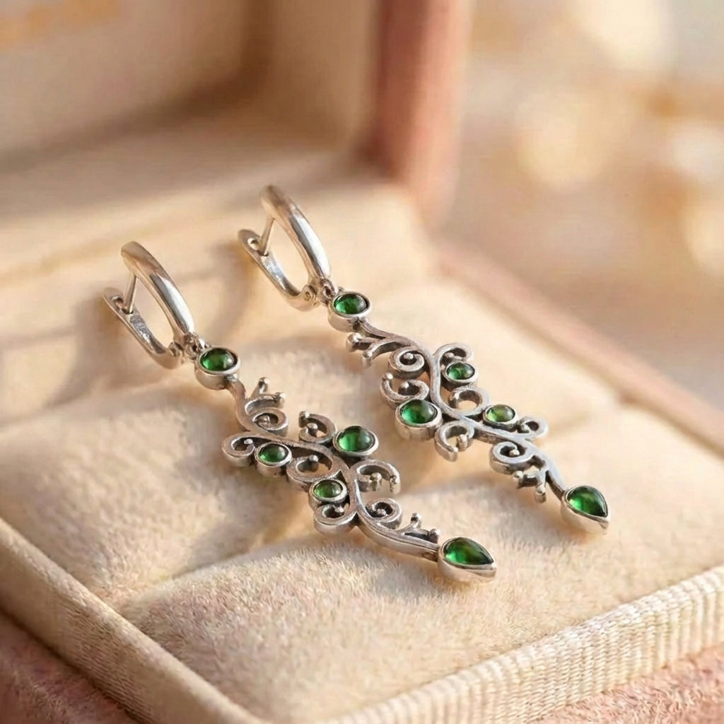 Charm Flower Green Stone Drop Earrings