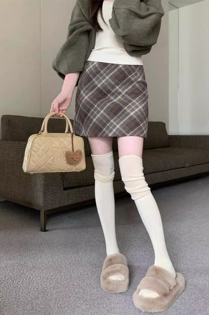 Wool Plaid High Waist A-line Skirt