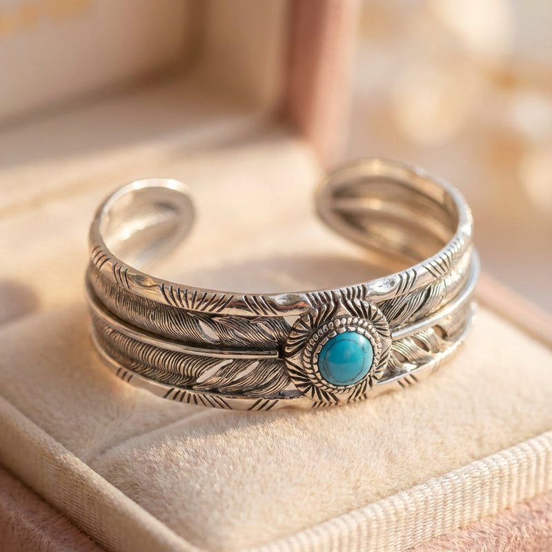 Vintage Turquoise Feather Silver Bracelet