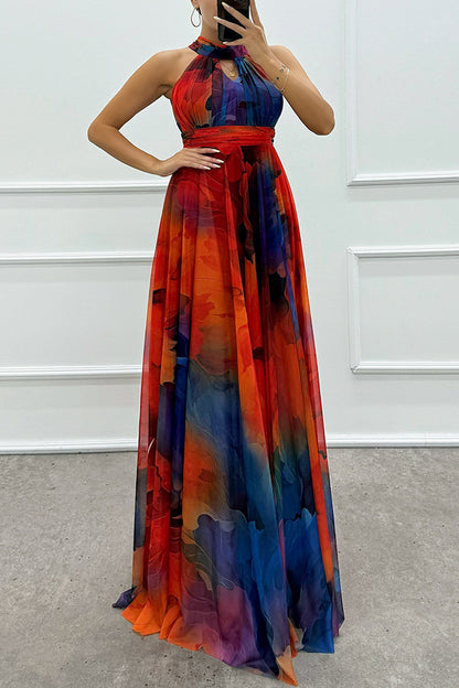 Elaine Tulle Splash Print Cutout Halter Tie-up Neck Gown Maxi Dress