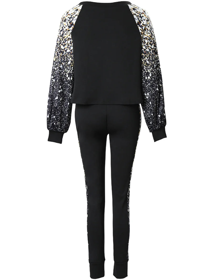 Lantern Sleeve Gradient Print Skinny Pants Set Autumn Winter High Elasticity 2pc Tracksuits Outfits