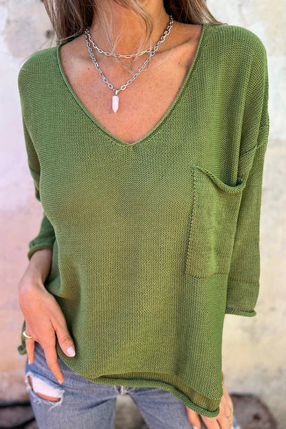 Autumn and Winter Knit V-neck Long Sleeve Pocket Sweater