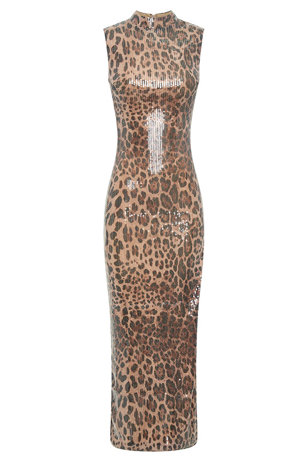 Sparkle Every Step Leopard Sequin Pattern High Neck Slit Stretch Maxi Dress