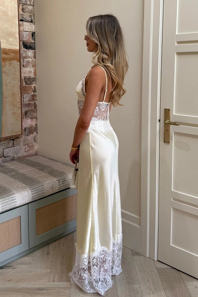 Deep V Sheer Lace Patchwork Maxi Dress
