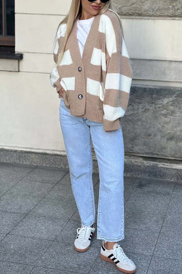 V-neck Long-sleeved Striped Pocket Knitted Cardigan