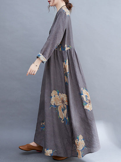 Loose Pleated Flower Printed Round-neck Long Sleeves Maxi Dress
