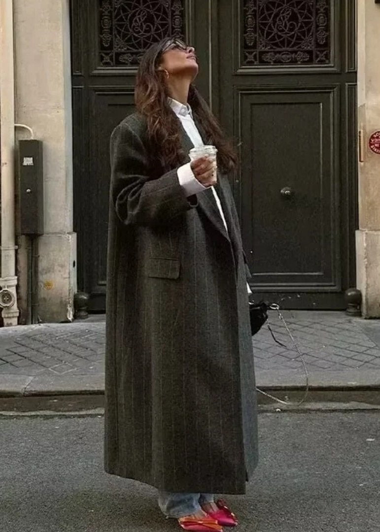 Pinstripe Long Woolen Coat - and Minimalist