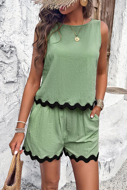 Wavy Edge Buttoned Elastic Waist Shorts Set