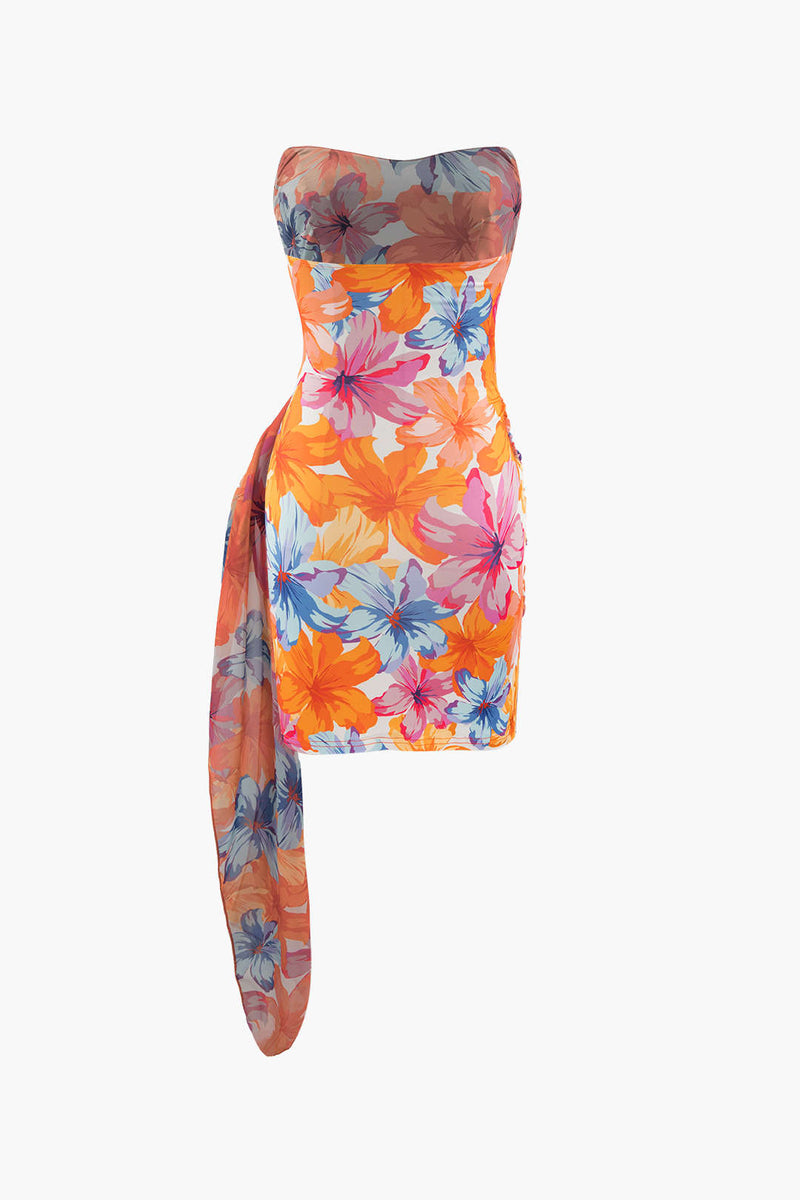Print Wrap Ruched Strapless Slim Mini Dress