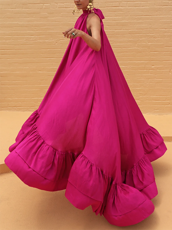 Loose Sleeveless Falbala Color Stand Collar Maxi Dresses