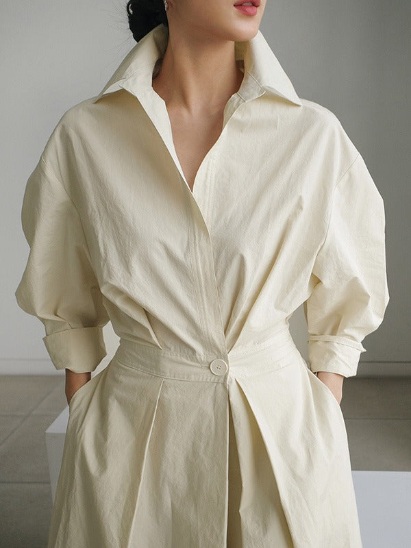 Long Sleeves Loose Pleated Color Split-joint Tied Waist Lapel Midi Dresses Shirt Dress