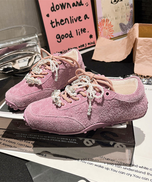 Splicing Flats Purple Suede Lace Up Pearl Zircon