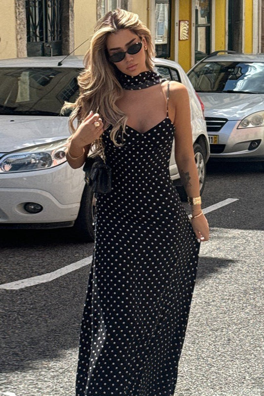 Polka Dot V Neck Cami Backless Maxi Dress