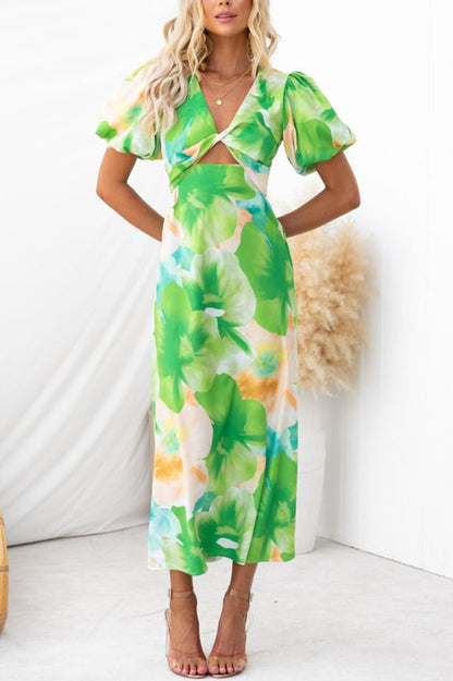 Sophia Print Satin Puff Sleeve Twist Bust Cutout Midi Dress