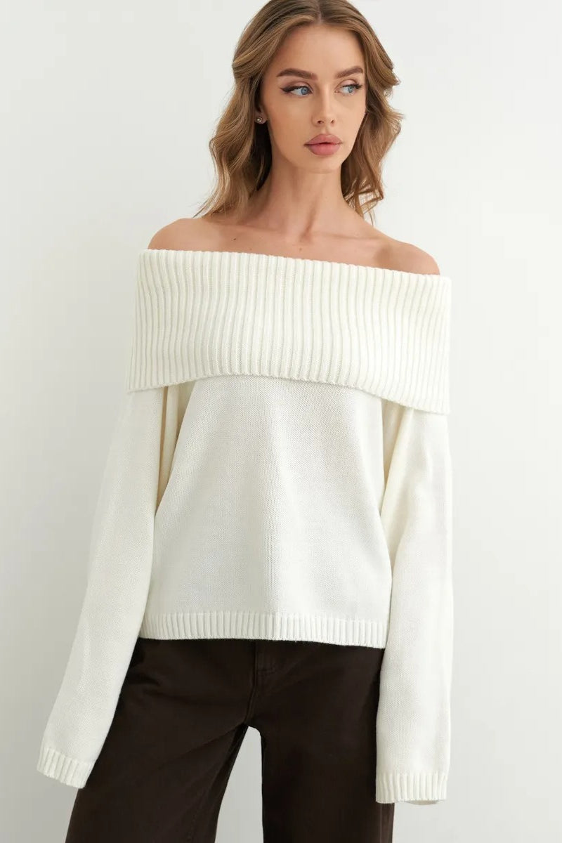 Color Off Shoulder Knitted Sweater