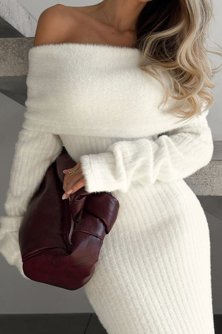 Knitted Off-the-shoulder Fitted Waist Maxi Dress