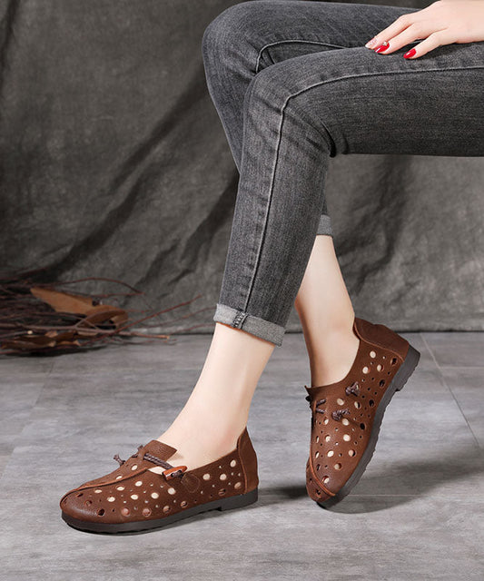 Classy Hollow Out Cowhide Leather Flat Shoes for Buckle Strap Flats