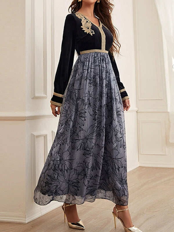 A-line High Waisted Embroidered Flower Print Split-joint V-neck Maxi Dresses
