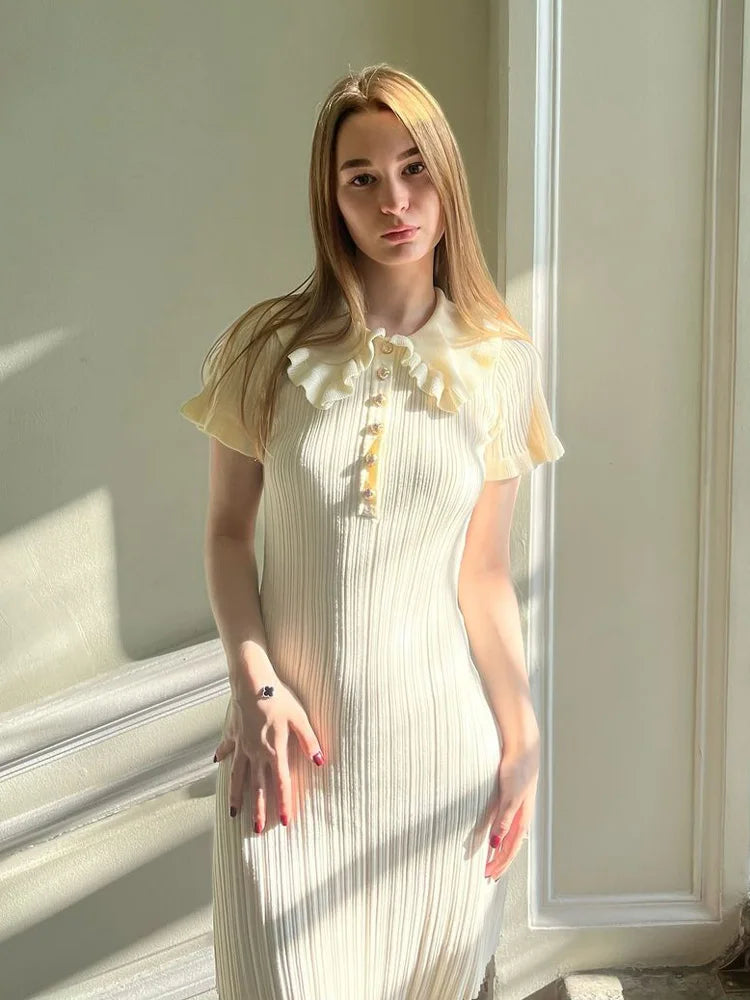 Ruffled Knit High Waist Mini Dress ’s Color Slim Fit Retro Single Breasted Short Sleeve Mini Dress