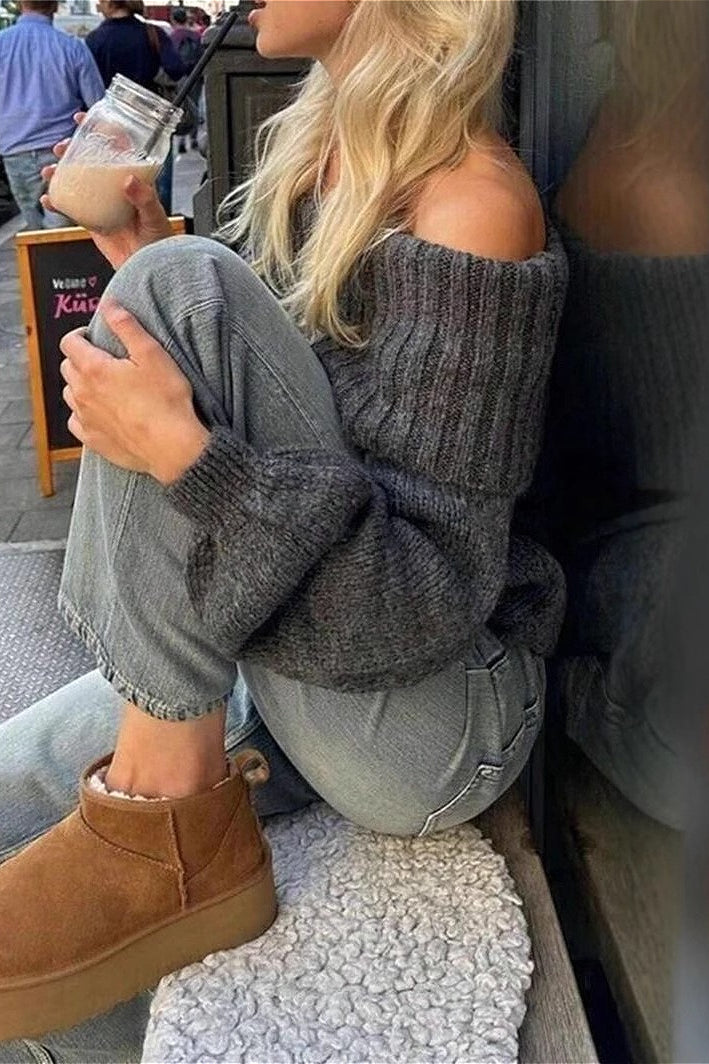 Off-shoulder Fitted Long Sleeve Sweater