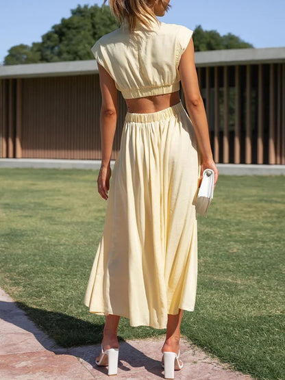 Cap Sleeve Belly-hollow Pleated Color Stand Collar Maxi Dresses