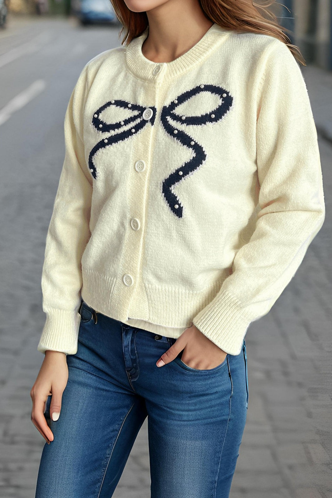 Bow Jacquard Round Cardigan