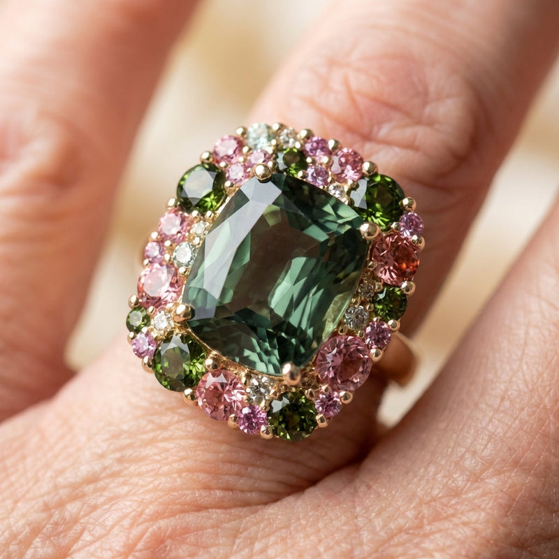 Vintage Green & Pink Crystal Ring