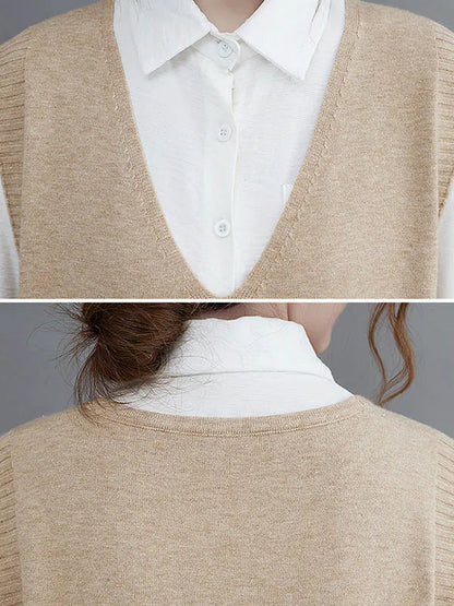 Color Knitting V-neck Sleeveless Sweater Dress