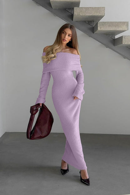 Knitted Off-the-shoulder Fitted Waist Maxi Dress