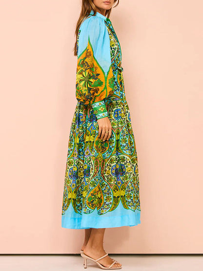 High Waisted Loose Puff Sleeves Belted Printed Lapel Midi Dresses