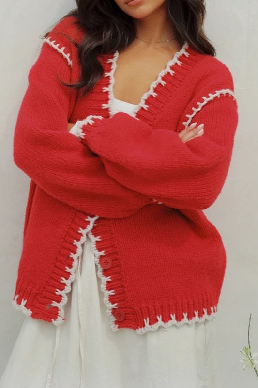 Cable Knit V Neck Button Cardigan
