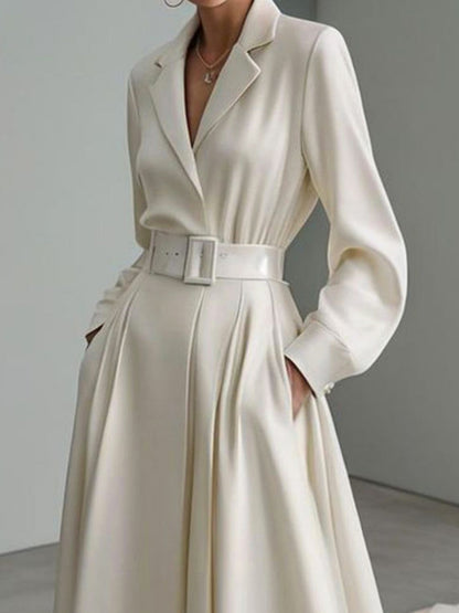 Long Sleeves Loose No Belt Color Notched Collar Maxi Dresses