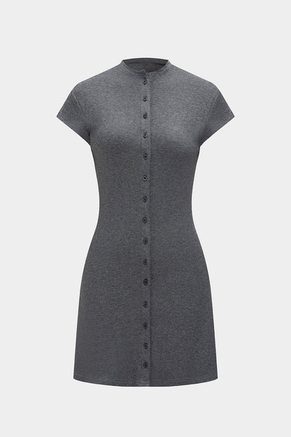 Color A-line Button Short Sleeve Mini Dress